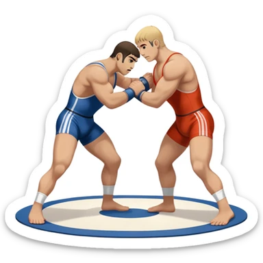 An icon symbolizing Greco-Roman wrestling, showing two wrestlers locked in a powerful grip, focusing on upper-body techniques. The background features a wrestling mat, with the athletes wearing traditional singlets. Transparent background highlights the strength and skill of the sport. sticker