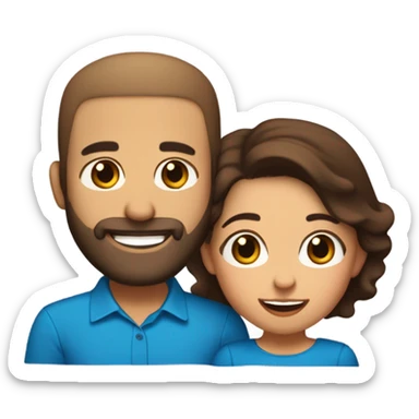Brown-haired Puerto Rican woman with dark brown eyes wearing a cute blue blouse giving comforting hug to short, bald man with brown eyes, laugh lines, and a beard sticker