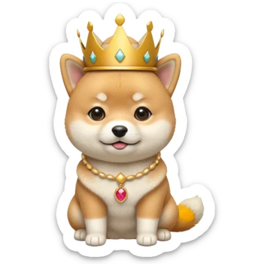 8month old Shiba Inu puppy emoji, wearing small golden crown, cute royal expression, round body, soft fluffy fur, glossy eyes, bright pastel background, kawaii mascot style, centered composition, high quality render sticker