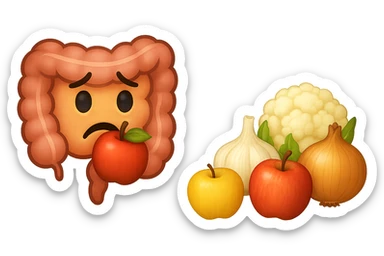 EMOJI STILE IPHONE DI UN INTESTINO UMANO IN CRISI PERCHé STA MALE, IN BOCCA HA UNA MELA E DAVANTI A LUI C'è UNA MONTAGNA DI aglio, cipolle, cavolfiore e mele sticker