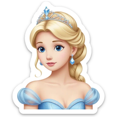 Cinematic Majestic Cinderella Portrait Emoji, rendered in a realistic, vector-style with clean, bold shapes. Depict Cinderella with a refined, noble expression, her fair skin luminous and her long blonde hair styled in an elegant updo, adorned with a delicate tiara. Her attire is a simple, sparkling ball gown that radiates soft pastel hues, glowing with a soft, majestic light and a subtle glowing outline, epitomizing classic royal beauty. sticker