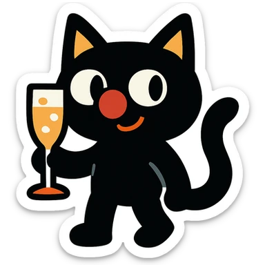 black cat with a clown nose and champagne glass, cartoonish and fun sticker