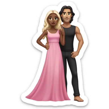 A handsome pale Greek god man who has long brown hair and tanned skin with a pretty black skinny tall model woman who has long black hair and she is wearing a pink dress and they are a couple sticker