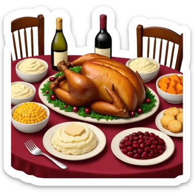 Thanksgiving Dinner with friends of all different races; have the food be a cooked turkey, mashed potatoes, corn, a basket of biscuits, a small bowl of cranberry sauce, baked yams, steamed vegetables, and a bottle of wine. sticker