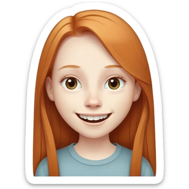 traditional emoji of young girl with very pale skin, long straight muted ginger hair (less vibrant), elongated oval face, bigger human-like eyes positioned close together, wide nose, friendly big smile with very large prominent teeth, less intense expression sticker