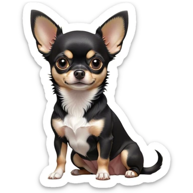 Cinematic Noble Black Tri Short Haired Chihuahua Portrait Emoji, Poised and regal, with a compact, muscular build and a striking black tri-color coat with hints of white and tan, deep-set soulful dark eyes, Simplified yet sharp and sophisticated features, highly detailed, glowing with a soft, dignified glow, high shine, intelligent and loyal, stylized with an air of strength, focused and attentive, soft glowing outline, capturing the essence of a watchful and confident guardian, so majestic it feels as though it could step out of the screen with effortless authority! sticker
