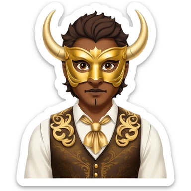 a man, with a vest,  wear half-face golden Buffalo masquerade mask sticker