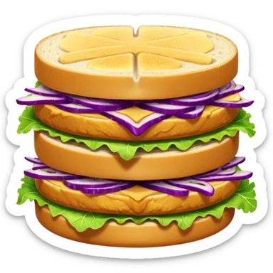 A cute, simplified emoji-style illustration of a stacked chicken sandwich — two thick golden toast slices, a crispy breaded chicken fillet, green lettuce, and purple cabbage slaw, with glossy dark sauce dripping down the sides. sticker