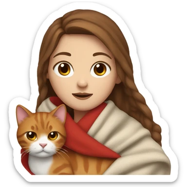 A white girl with brown hair wrapped in a blanket with a red cat sticker