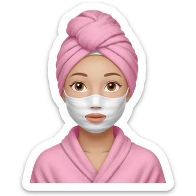 Clean girl influencer character, chest-up portrait, wearing a pink towel wrapped around the head, half-face skincare mask (applied only on one side of the face), relaxed confident expression, , minimal chic self-care aesthetic, subtle beauty accessories sticker