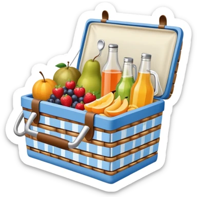 blue plaid lining basket with both food, drink and fruits sticker