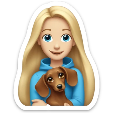 a smiling girl with blonde long hair and blue eyes holding a long haired dachshund in her arms sticker