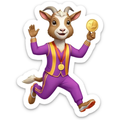 friendly anthropomorphised goat jogging upright in a colourful suit, holding up a medal, relaxed pose sticker
