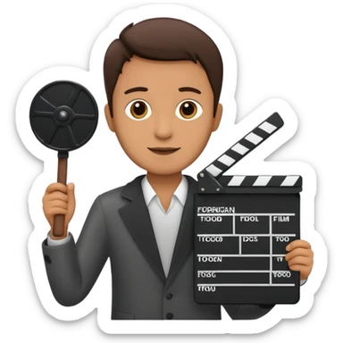 a director holding a clapperboard in a foreign city, overseas filming sticker