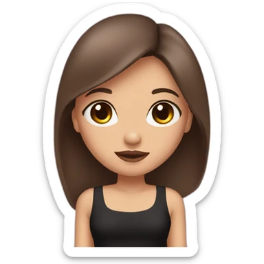 A girl with brown eyes, long straight brown hair, plump pink lips in a black dress sticker