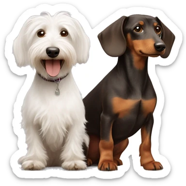 Scruffy white terrier dog and smooth coat brown dachshund dog who are friends  sticker