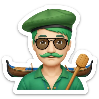 venice gondolier with green hair, iconic hat, glassess and mustache sticker