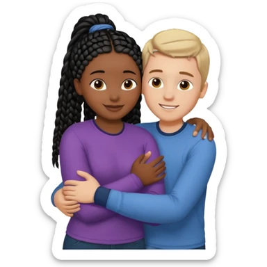 Dark black girl with black braids and tan white boy with curvy straight brown hair, they are hugging and smiling, and touching each other with their hands sticker