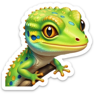 cinematic-cute-realistic gecko-portrait-emoji,-head-tilted-playfully-and-inquisitively,-featuring-a-small,-charming-body-with-smooth,-vividly-patterned-scales,-bright,-sparkling-eyes-and-delicate,-sticky-toe-pads,-simplified-yet-irresistibly-adorable sticker