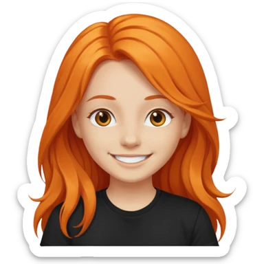 smiling girl with long orange hair and black t-shirt sticker