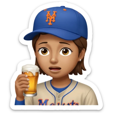 Mets fan with a hat and short brown hair crying with a beer sticker