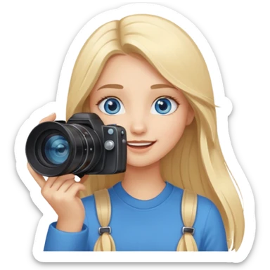  blue eyes blonde girl photographer cartoon taking picture in middle of taking picture camera in front of face long hair smiling funny flash professional, camera in front of face sticker