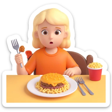 A stylized 3D character of a 6-year-old child sits at a table, looking bored at a plate of macaroni and a meat patty, absentmindedly poking the macaroni with a fork. sticker