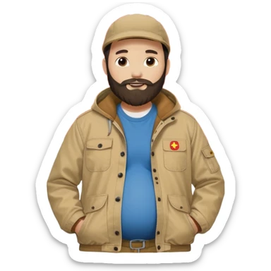 Bearded man with pregnant belly poking out of shirt wearing a tan canvas carhartt jacket next to chinese flag sticker