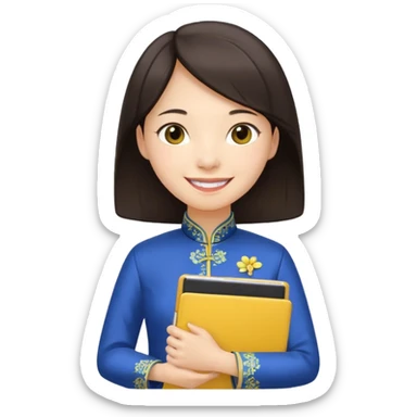 Teacher emoji but : european volume dark brown hair, light skin, no glasses, dark eyes, with a computer folder in the hand (color is yellow), being a teacher, wearing a chinese qipao ( dark blue), smile with teeth





 sticker