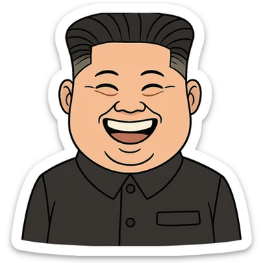 caricature emoji of Kim Jong-un smiling, wearing black suit, cartoon style sticker