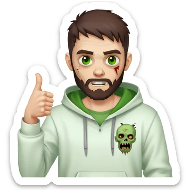 zombie with thumbs up gesture, undercut hairstyle with dark brown hair, short full beard, green eyes, wearing plain white hoodie sticker