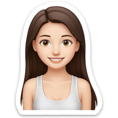 a pretty bratz fair girl with straight brunette long hair, middle partition. wearing a white thin strap trap tank top, smiling, wearing light makeup. very pretty. sticker