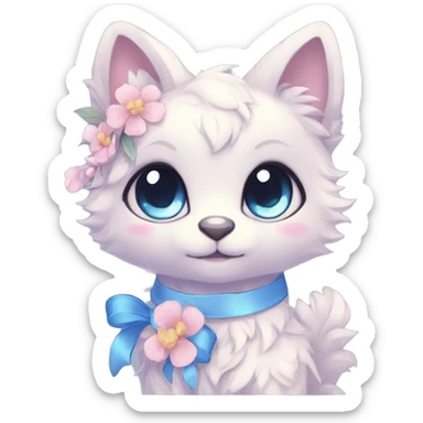 Anthro Cute Cool Blushing Pastel Innocent Shy Kawaii gorgeous sparkly ethereal fantasy animal creature with blue eyes furry sona with flowers and ribbons beautiful aesthetic sticker