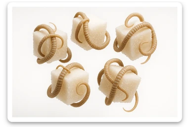 ZOLLETTE DI ZUCCHERO CON PARASSITI TIPO LA TENIA ARROTOLATE INTORNO AD OGNI ZOLLETTA, FLUTTUANO IN ARIA SU SFONDO BIANCO, IPERREALISTICO 4K sticker