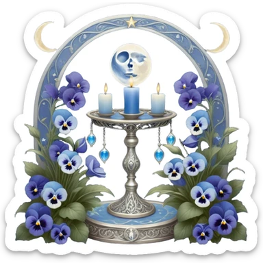 A mystical scene where deep blue and light blue pansies bloom under a silver crescent moon, casting an ethereal glow across the enchanted garden. A round, pearl-colored candle flickers atop an ornate silver stand, its wax melting into swirling patterns resembling planetary orbits. Surrounding it, a set of celestial tarot cards—The Moon, The Star, and The High Priestess—are carefully placed, their intricate silver engravings shimmering with divinatory power. The background sky is adorned with floating zodiac constellations, softly pulsing as if alive, while a trail of stardust leads to a glowing cosmic portal that opens into a swirling galaxy. sticker