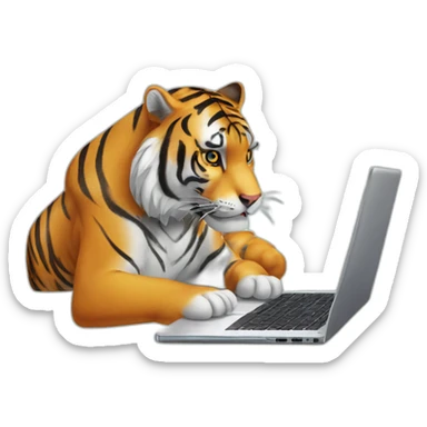A tiger who study on a laptop with an "AVEX" sticker on it sticker