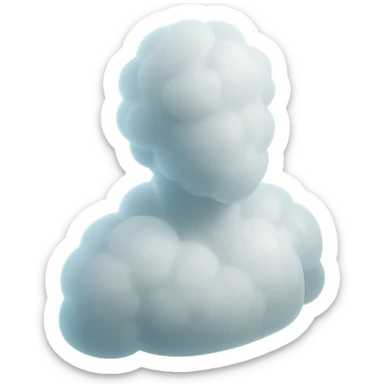 person made entirely of white fluffy convex clouds, shoulder up, front view, matte glass style sticker