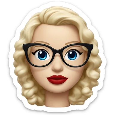  Bobble head Margot Robbie, bright blue eyes and winged eye liner, red kisses, wearing black glasses  sticker
