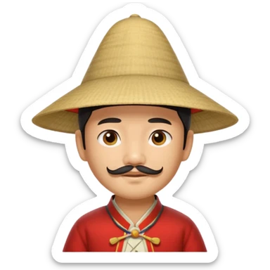 An Asian boy, with little straight mustache and a little beard wearing a traditional triangle Chinese hat sticker