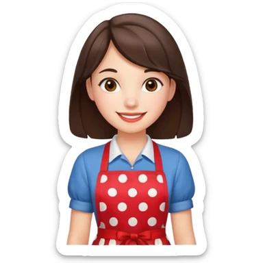 A brunette housewife girl in a red apron with white polka dots. Smiling  sticker
