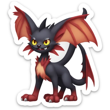   cool edgy fantasy anime-style dark animal vampiric Litten-Zoroark-Nargacuga-cat-hybrid Fakemon with big fangs and bat-ears full body sticker