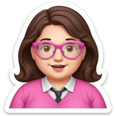 chubby English teacher, happy, wearing pink glasses, wavy long dark brown hair, face only, gamer vibe, classroom background, emoji style, for online classes sticker
