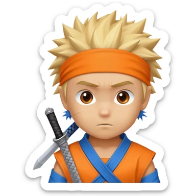 A blonde ninja boy with spiky hair, whisker marks on cheeks, orange outfit, and blue headband with metal plate sticker