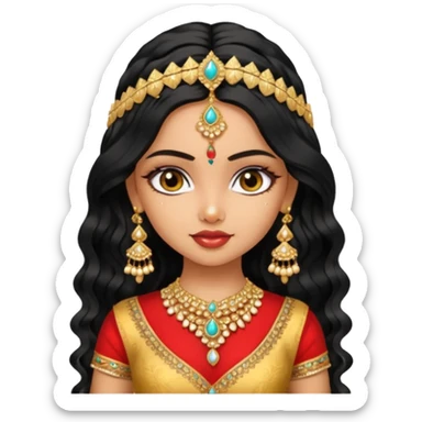 a pretty bratz fair indian girl wearing an indian wedding outfit,  golden jewellery, black wavy hair sticker