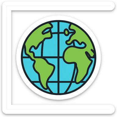 globe icon with detailed landmasses, water, and grid lines, lineal color style with black outlines sticker