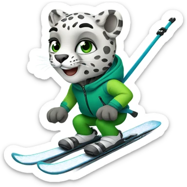 Snow leopard skiing with green skis sticker