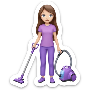 beautiful girl with long brown hair, blue eyes and wearing light purple clothes, cleaning and vacuuming sticker