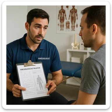 realistic kinesiologist discussing kinesiological evaluation results with a patient in a clinical environment, professional details, inspired by reference photo https://attic.sh/r66tucayi7ewfjges2vhulor9bux sticker