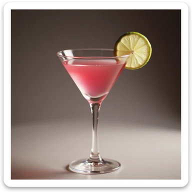 realistic cosmopolitan cocktail, pink drink in martini glass with lime wheel garnish, photorealistic style sticker