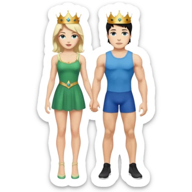 Prince with crown, black hair, body, legst, blue eyes, woman blonde hair, green eyes, sexy white short sleveless dress,  sticker